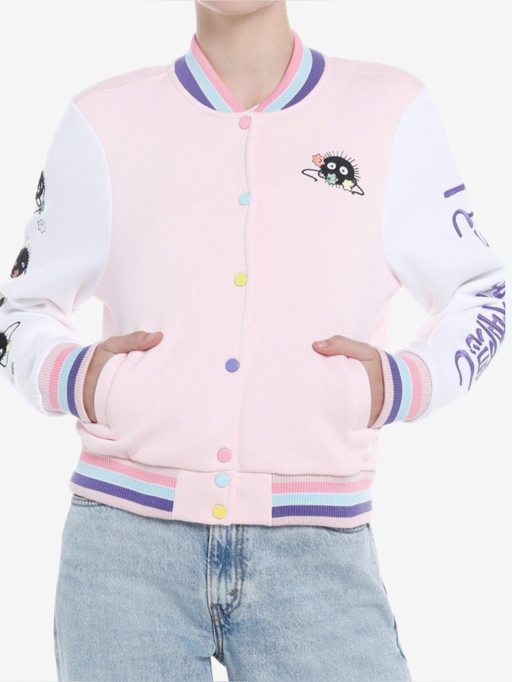 Studio Ghibli Spirited Away Soot Sprites Pastel Pink Girls Varsity Jacket, Small